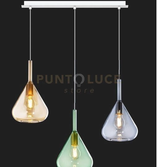 SOSPENSIONE BIANCO 3 LUCI RETTANGOLARE VETRI AM + VE + BL 1177BI-S3 R-MC