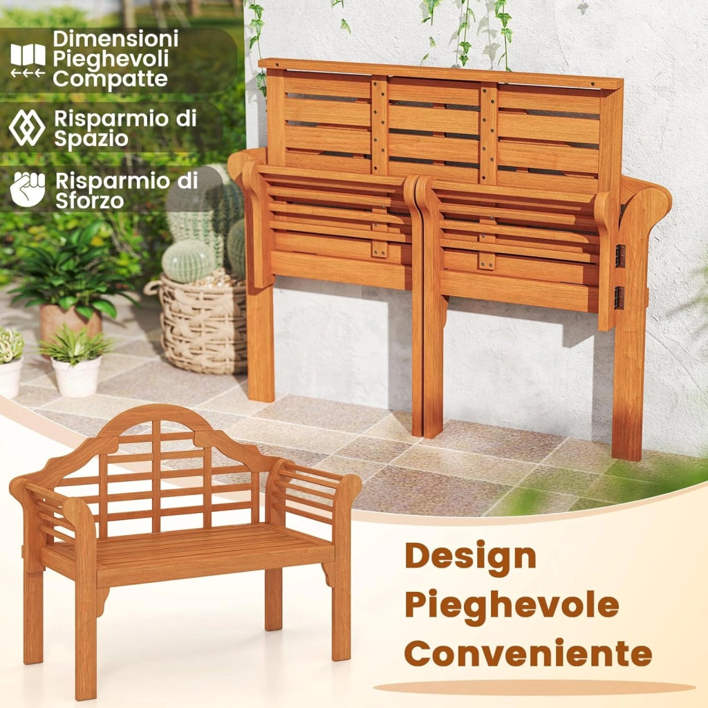 Panchina da Esterno Pieghevole, Panchina in Legno Massello con Braccioli Curvi e Schienale, Panchina da Giardino, Balcone e Cortile, Portata 360 kg, 123 x 54 x 96 cm (Modello 3)