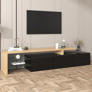 Mobile porta televisore moderno nero lucido e legno con 3 vani, ripiani in vetro e illuminazione