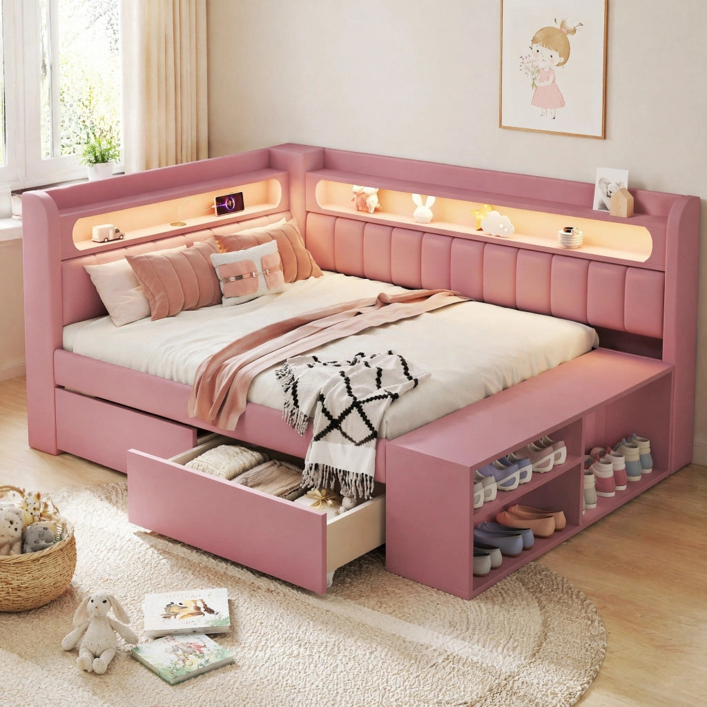 LETTO Poltrona 90x200 cm Rosa con USB, LED e 2 Cassetti