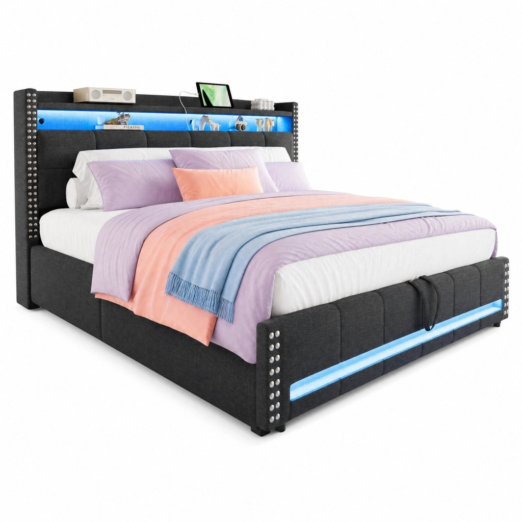 Letto imbottito matrimoniale 180x200 cm con LED, presa USB e contenitore idraulico, grigio