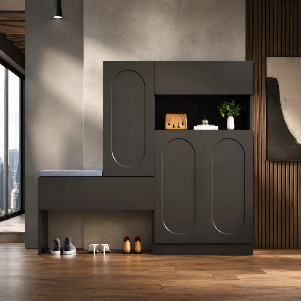 Mobile scarpiera 2 in 1 con panca imbottita e ante soft-close, nero, 130x35x110 cm