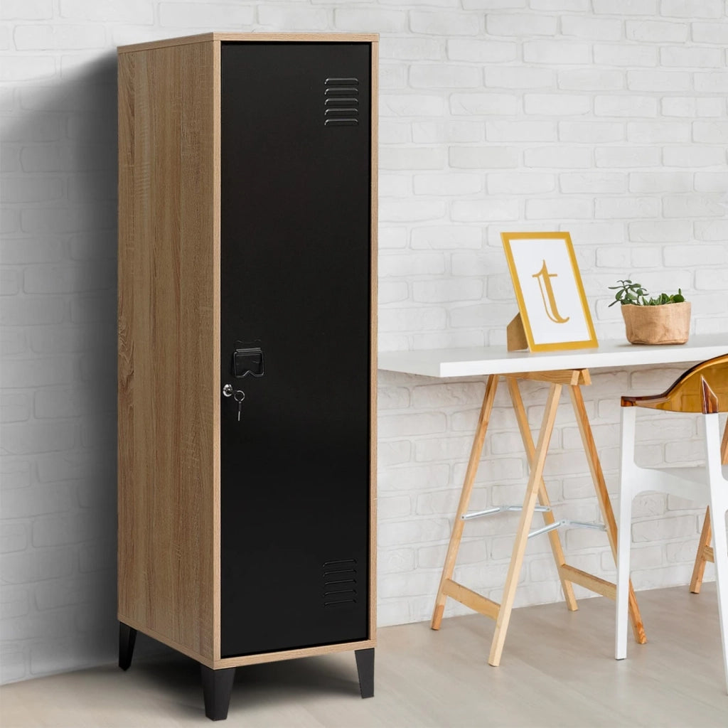 IDMarket - Armadio ESTER in legno con anta in metallo nero, design industriale