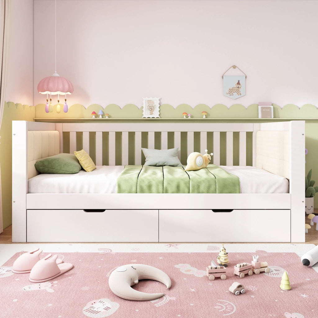 Divano letto con 2 cassetti 90x190 cm in legno bianco
