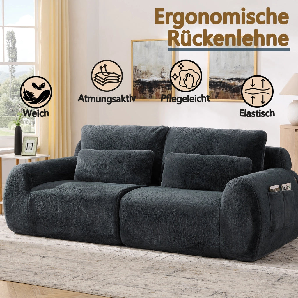 Divano a due posti compatto in tessuto effetto peluche con imbottitura elastica, USB e tasca laterale, grigio