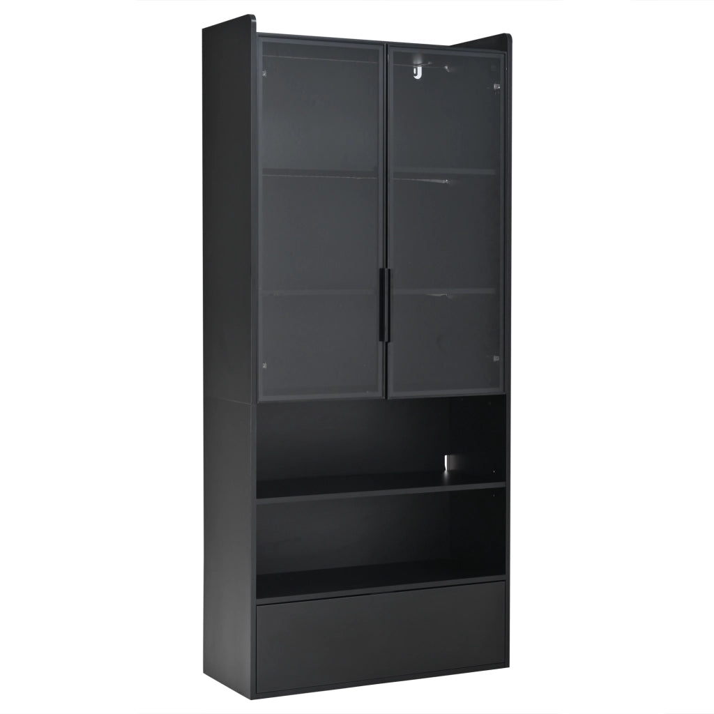 Vetrina in vetro nera con LED mobile alto 180 cm e cassetto