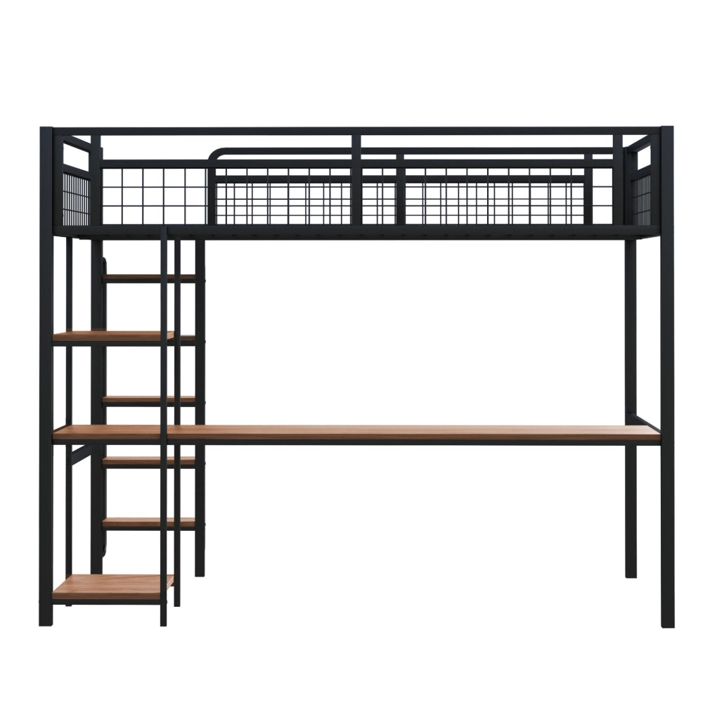 Letto a castello 140x200 cm con scrivania e ripiani; scala di sicurezza; metallo nero