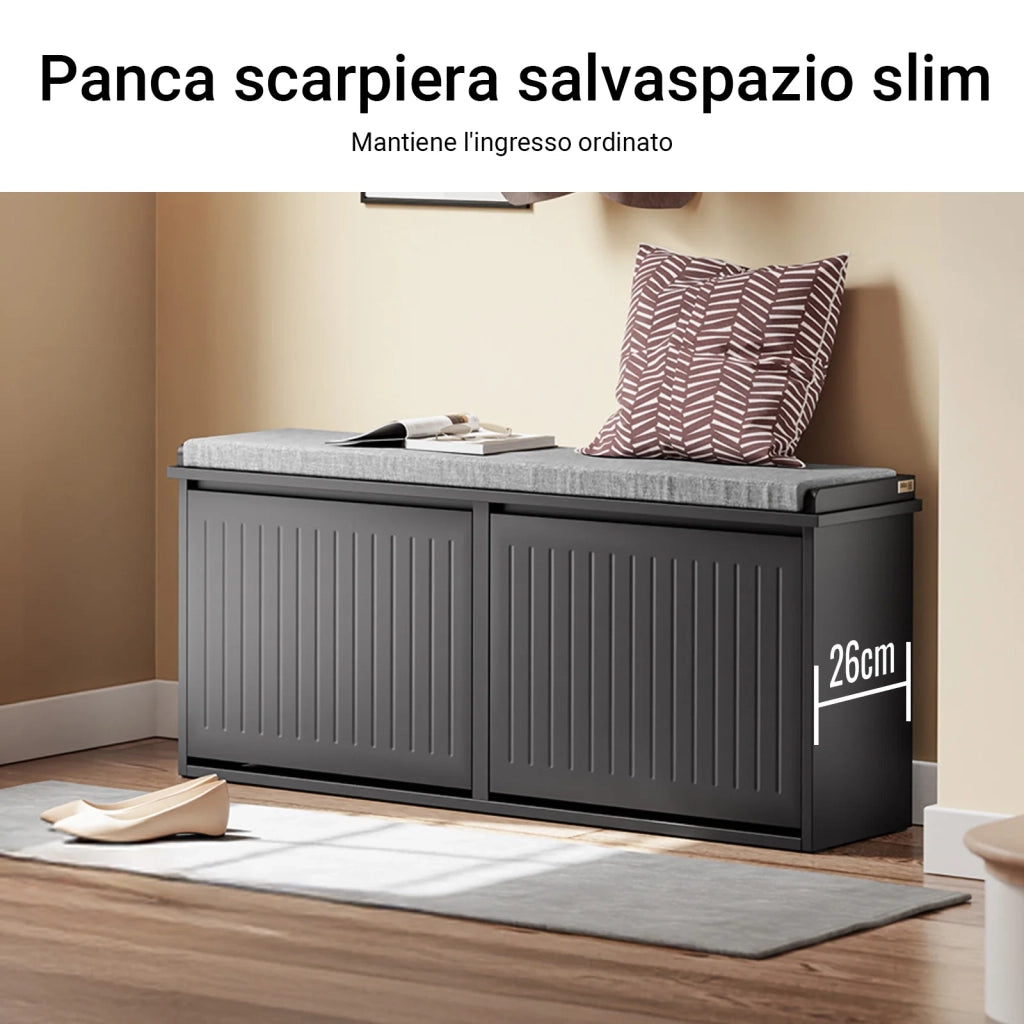 SoBuy Panca Scarpiera da Ingresso - Scarpiera Salvaspazio Slim in Legno, Panca Contenitore per 8-10 Paia di Scarpe, 158kg di Carico, Nero, 100x26x46cm, FSR98-XL-SCH