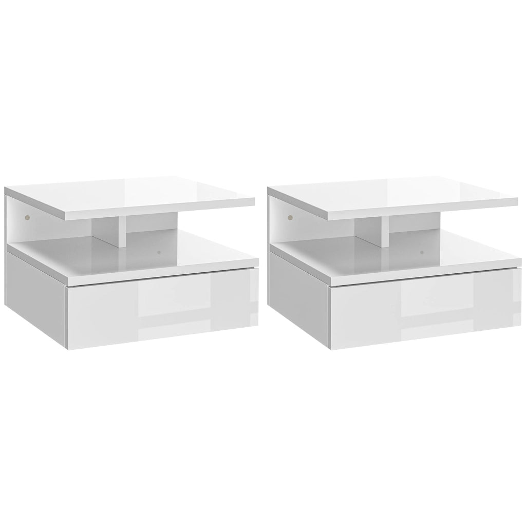 EasyComfort Set da 2 Comodini Moderni Sospesi con Cassetto e Mensola in Legno 35x32x22.5cm, Bianco Lucido