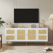 Cassettone Rattan Bianco - 180x40x72cm - con 4 Porte in Rattan - in Pannelli Regolabili in Altezza - e Gestione Cavi - per Massimo 80 Pollici di Schermo - Cassettone TV - Comodino TV