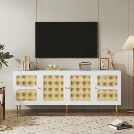 Cassettone Rattan Bianco - 180x40x72cm - con 4 Porte in Rattan - in Pannelli Regolabili in Altezza - e Gestione Cavi - per Massimo 80 Pollici di Schermo - Cassettone TV - Comodino TV