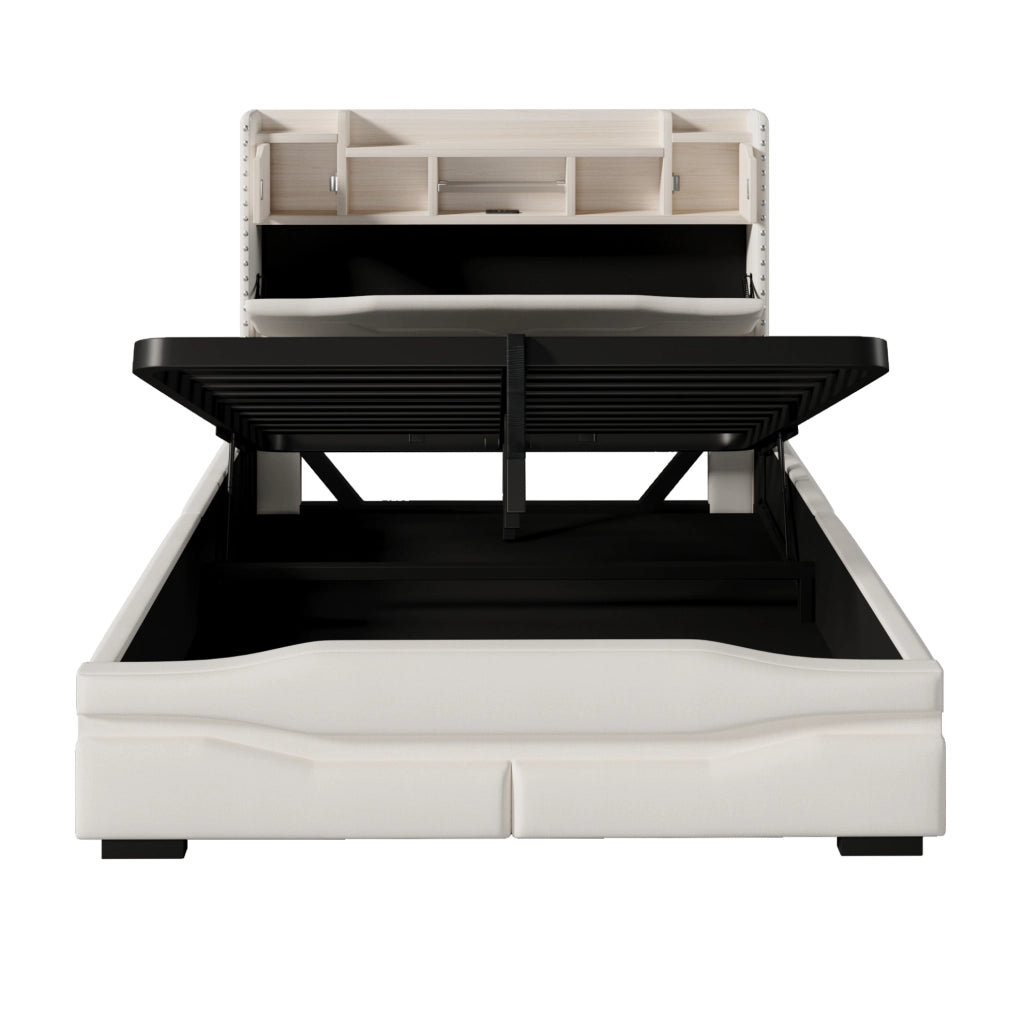 Letto matrimoniale imbottito 140x200 cm in lino beige con LED; presa USB e contenitore idraulico