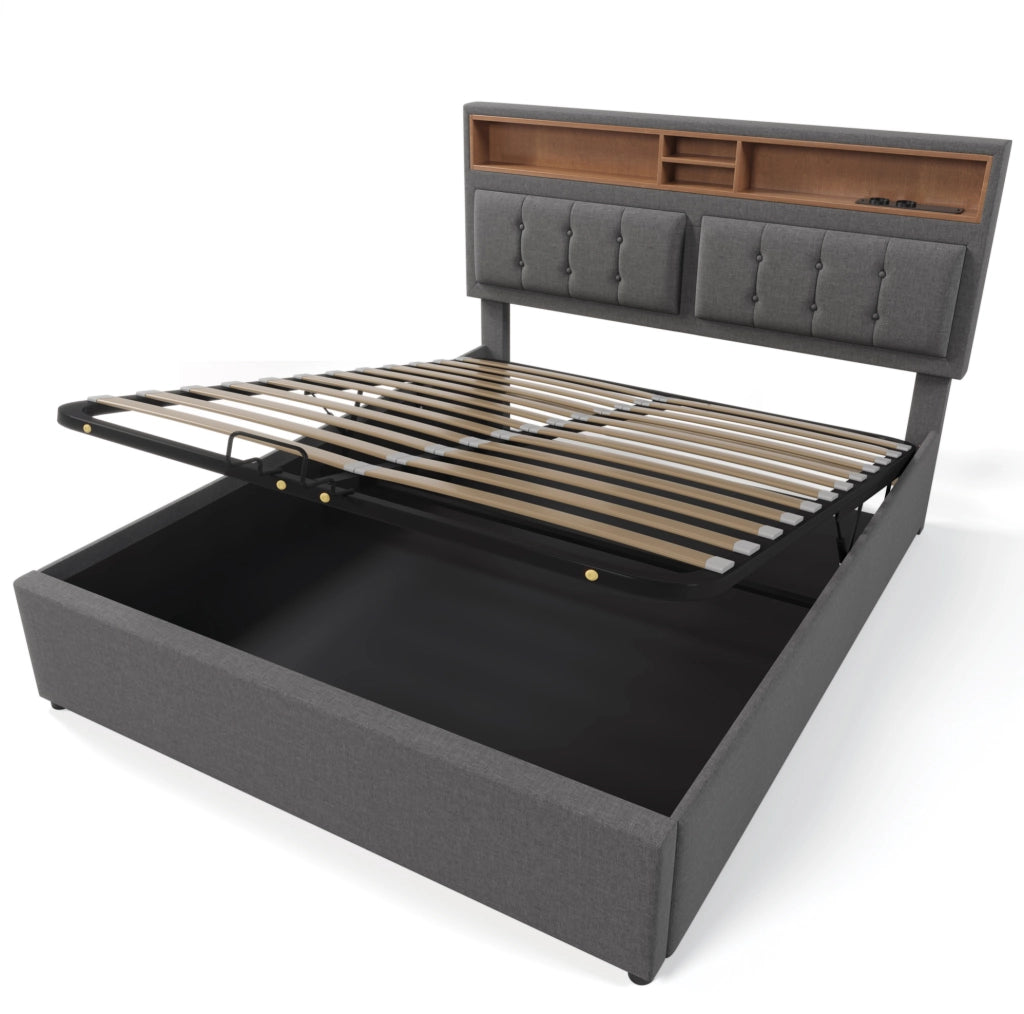 Letto imbottito 140x200 con testiera regolabile, USB e contenitore