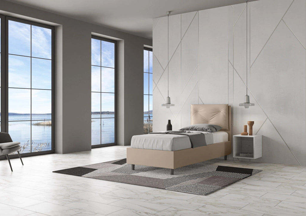 BS COM Letto singolo con rete imbottito 80x210 similpelle tortora