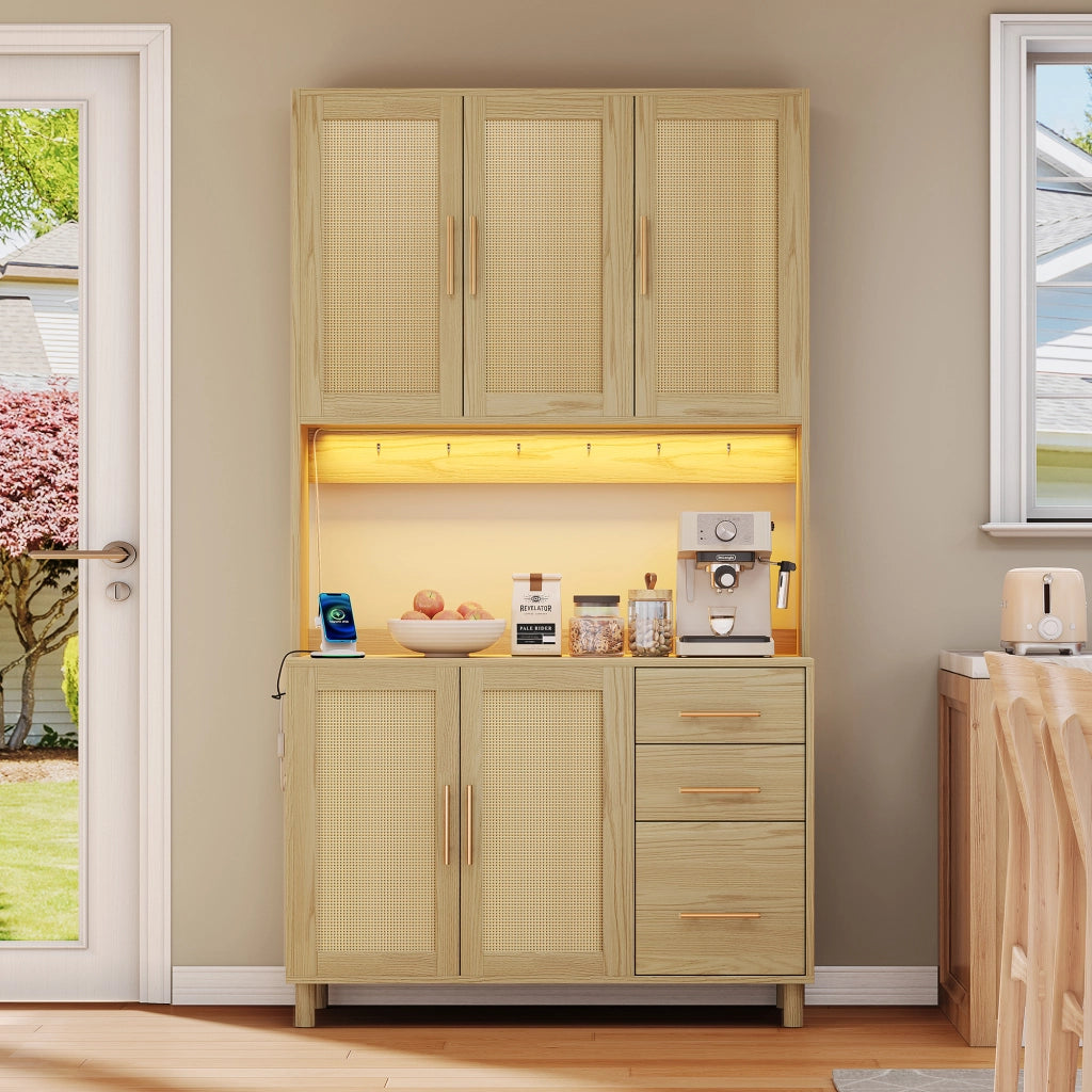 OKWISH Credenza da Cucina Alta con 5 Ante e 3 Cassetti, LED con Controllo tramite App, Prese e USB, Naturale
