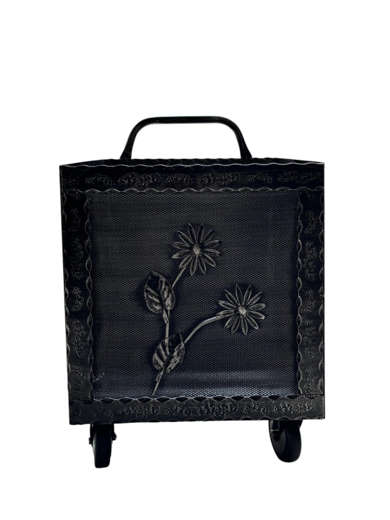 Porta Legna a Carrello in Ferro Battuto, 42x37x72 cm, con Ruote, per Camino e Stufa, Motivo floreale Grigio