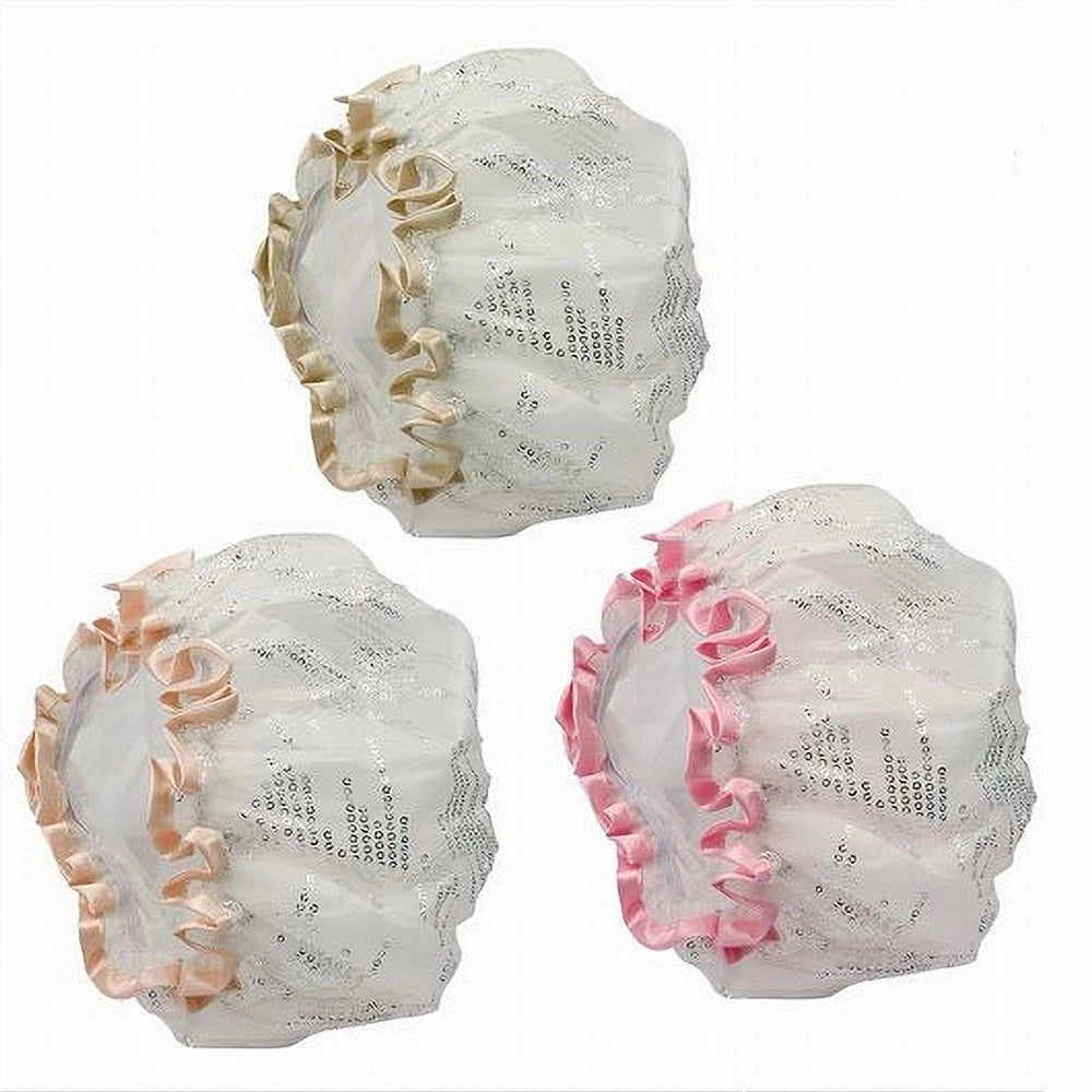 Trade Shop - Set 2 Pz Cuffia Doccia Bagno Elastico Bordino Paillettes Protegge Capelli 79479 -