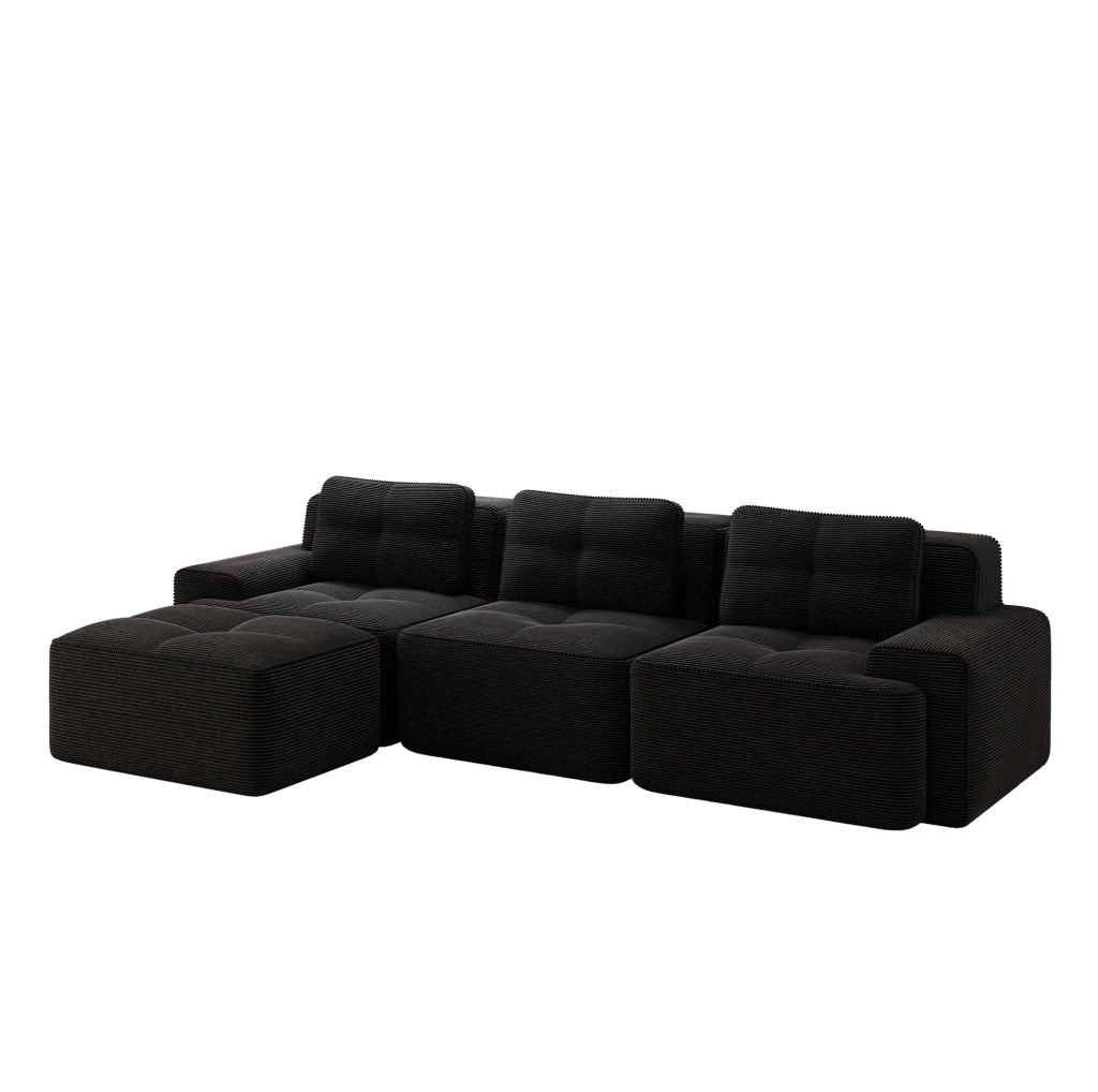 Divano modulare 3 posti con ottoman in corduroy nero; design senza struttura e seduta profonda