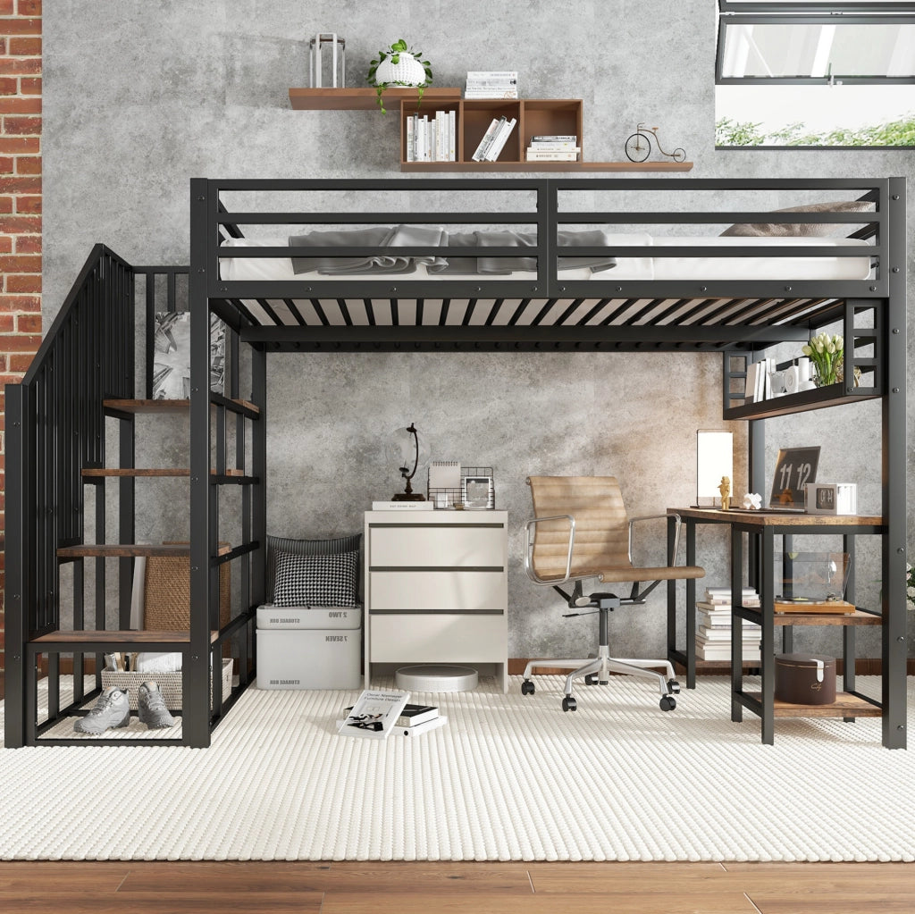 Letto a soppalco ULEVR 120x200 cm con scrivania, scaffale e scale con corrimano, nero e noce scuro
