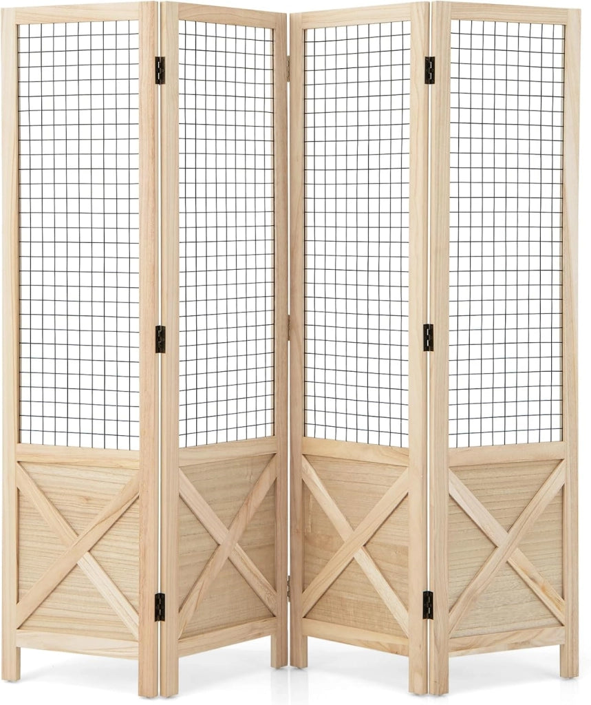 Paravento pieghevole a 4 pannelli con griglia, separatore di privacy, 151 x 144 cm, legno di Paulownia naturale, divisorio per camera da letto, soggiorno, non richiede assemblaggio