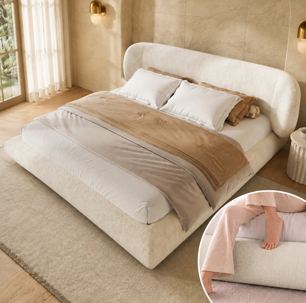 Letto matrimoniale imbottito 180 x 200 cm in ciniglia beige con rete a doghe e testiera