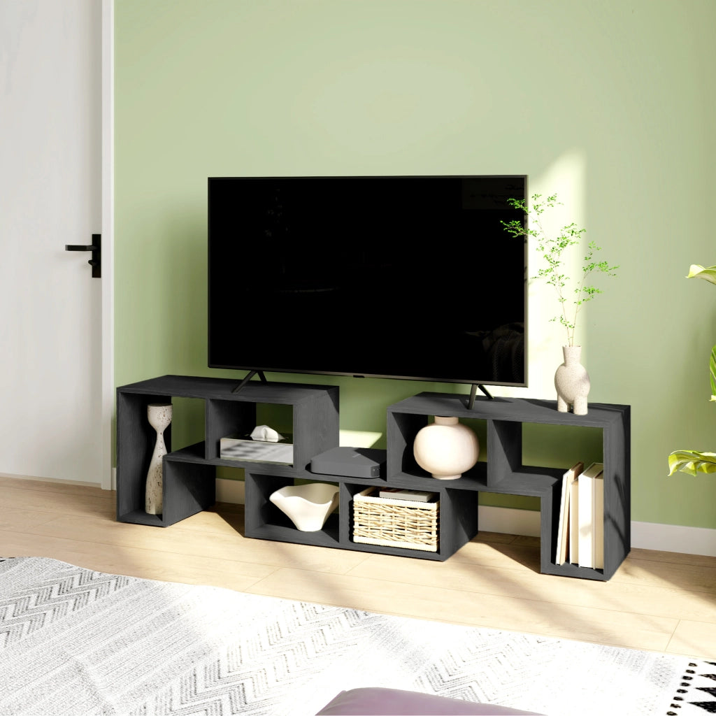 Mobile TV 75" max Modulabile con 2 Ripiani a L e Mensola Rettangolare, in Legno, 134-180x30.5x44 cm, Nero