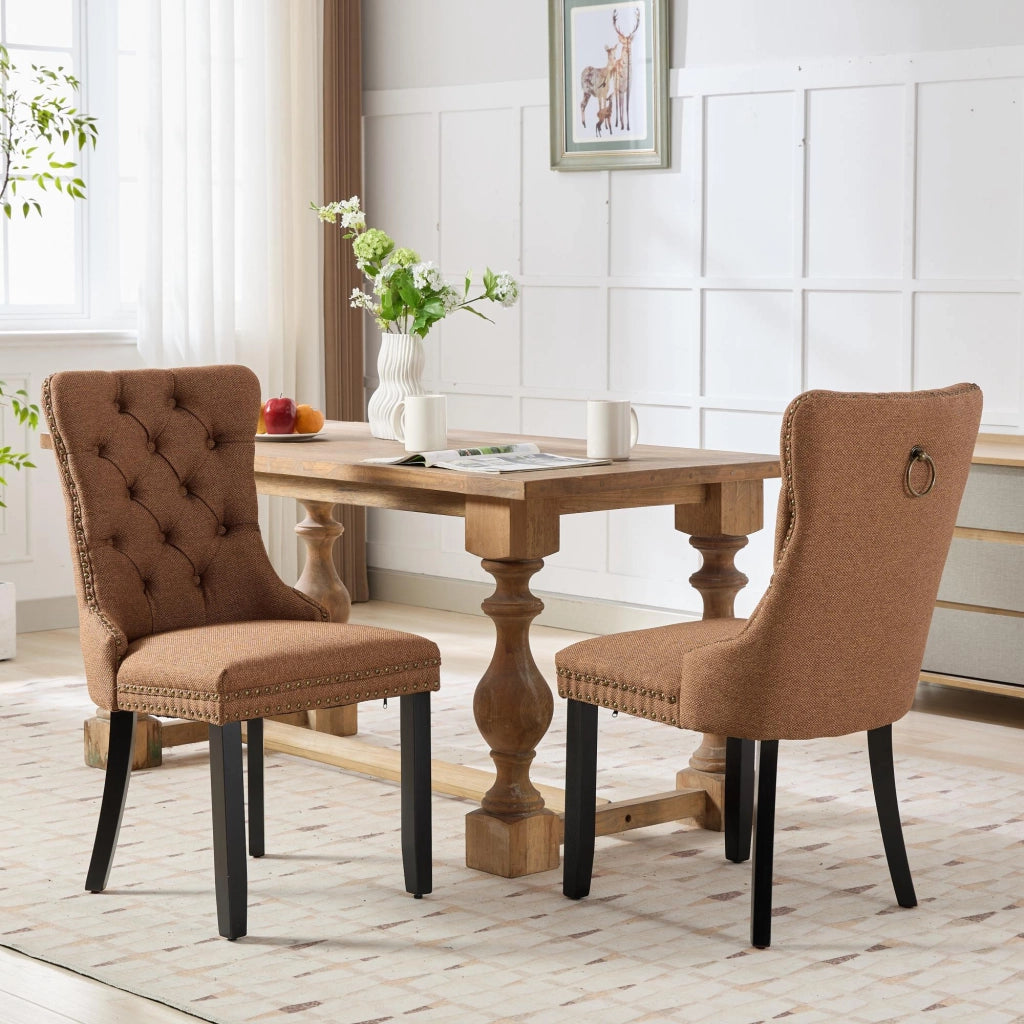 Sedie da Pranzo Imbottite in Lino con Gambe in Legno Massello, Set 2 Pezzi ¨C Xylo ¨C Marrone
