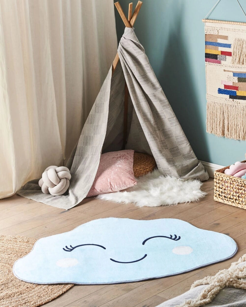 Tappeto blu 90 x 120 cm a pelo corto a forma di nuvola per la sala giochi dei bambini