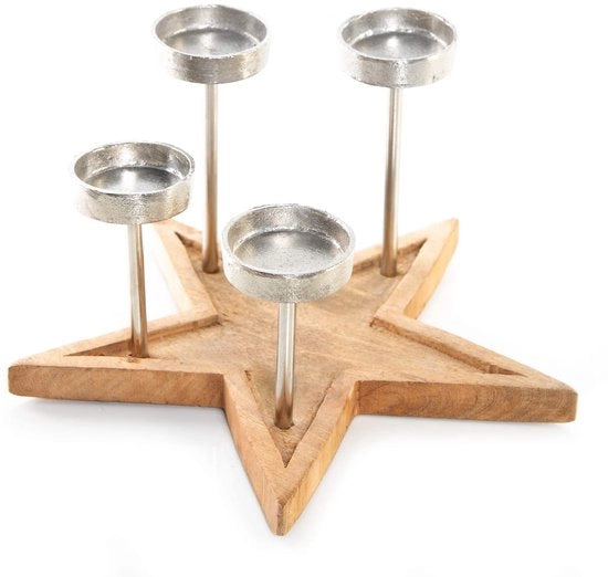 Decorazione per albero di Natale in legno e metallo con 4 candelabri decorativi a forma di stella per la festa di Natale, 30 cm