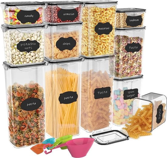 Set di 12 contenitori di plastica a chiusura ermetica per la conservazione di cereali, biscotti, zucchero e noci con etichetta adesiva