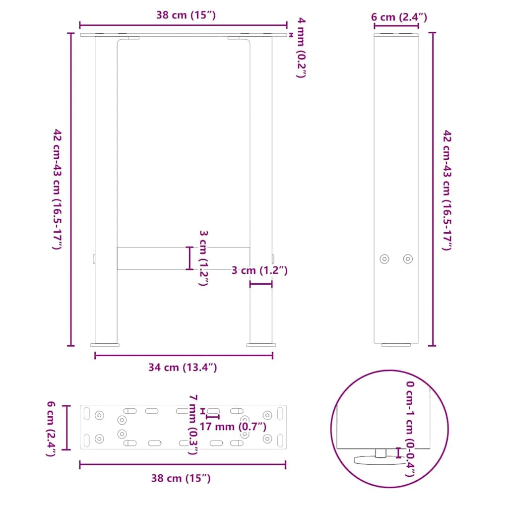Set di 2 gambe quadrate per tavolino da caffè 38 x 43 cm con piedini regolabili design moderno in acciaio antracite 02_0057518