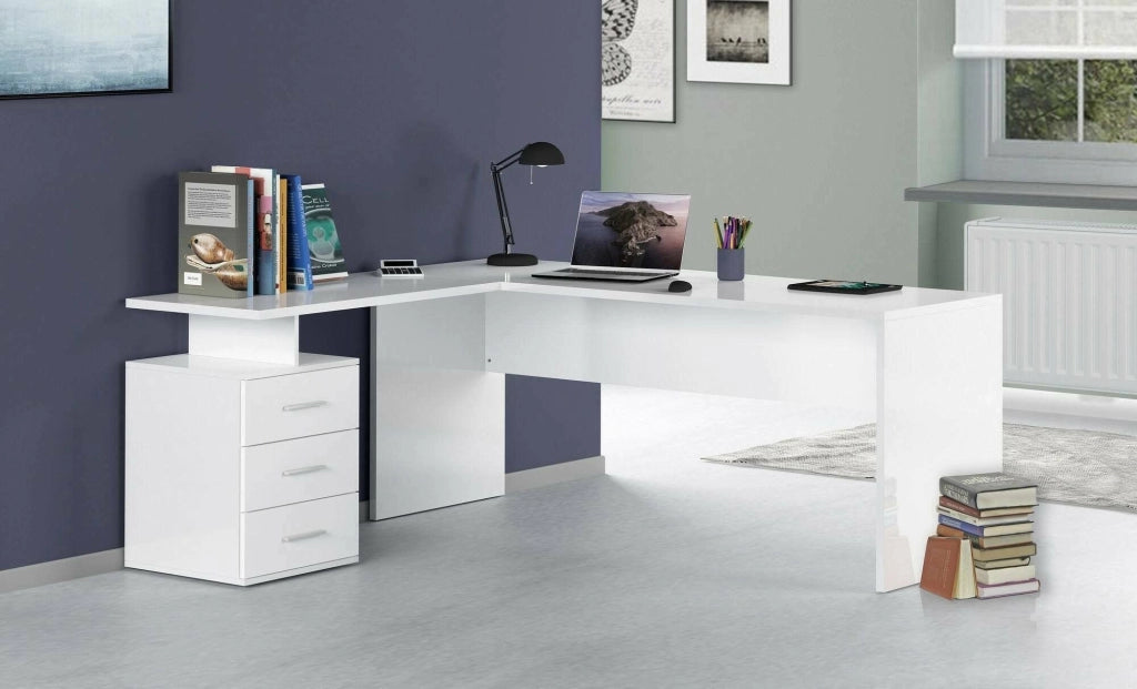 Ascuby, Scrivania Angolare Made in Italy, 180x60x75h cm Bianco Lucido