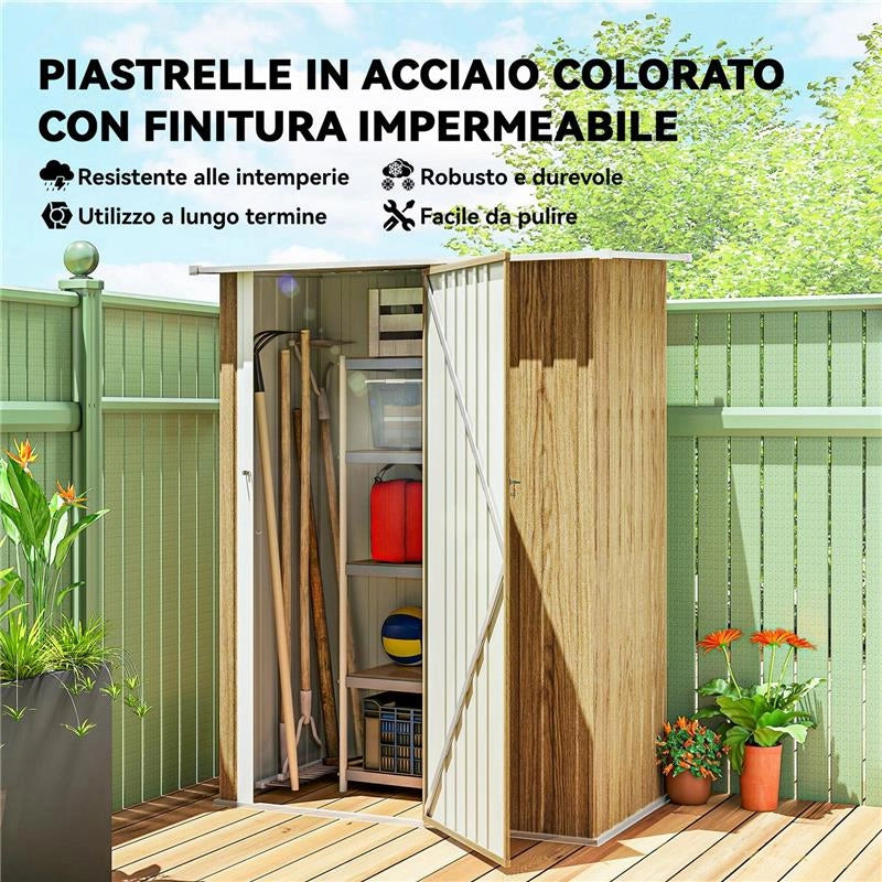 CAPANNO PORTA ATTREZZI IN METALLO CON TETTO INCLINATO E PORTA BLOCCABILE, 142X86X189 CM, COLOR LEGNO