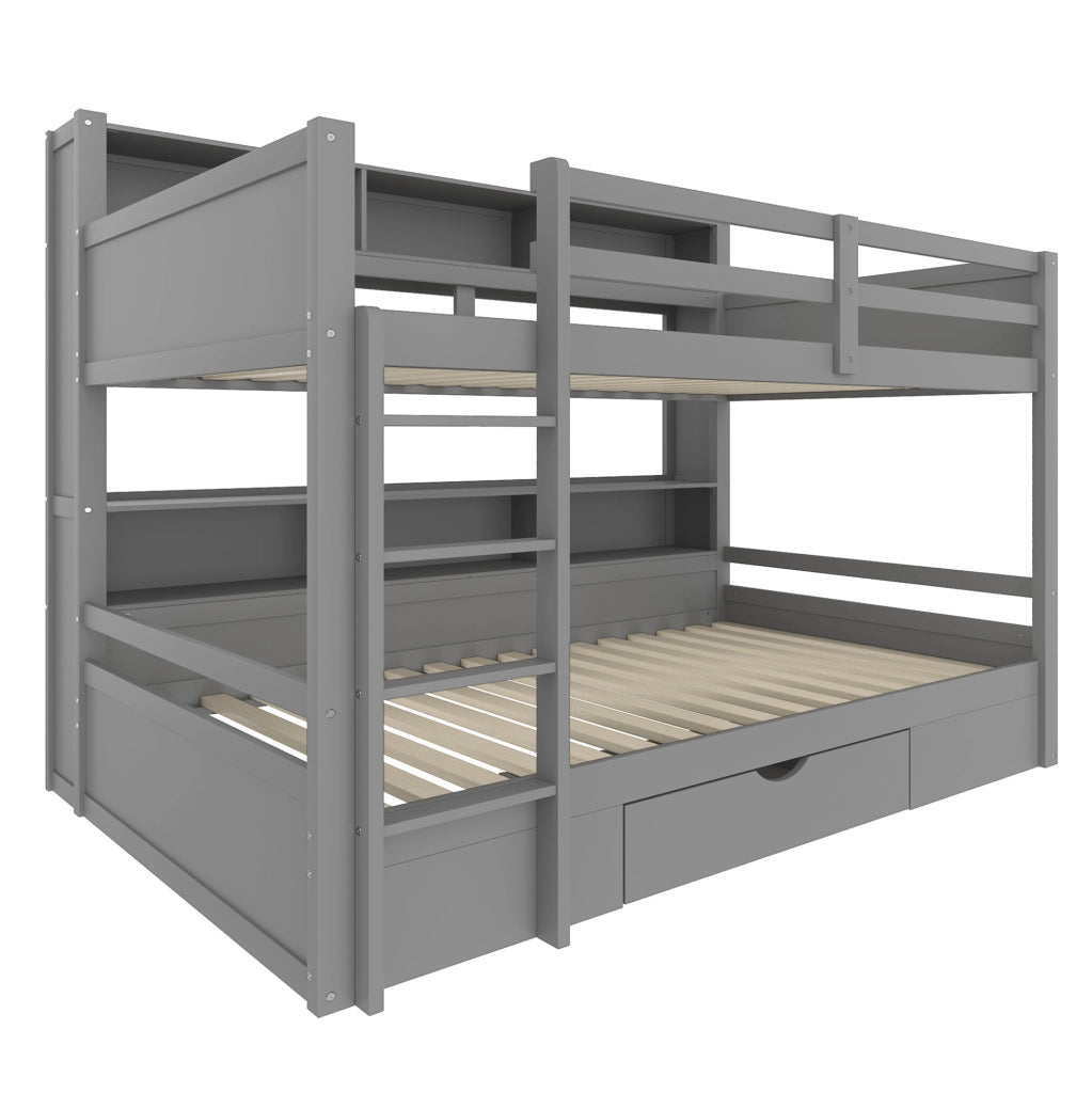 Letto a castello 90x200 cm con cassetto e vani portaoggetti; pino e MDF; grigio (Senza materasso)
