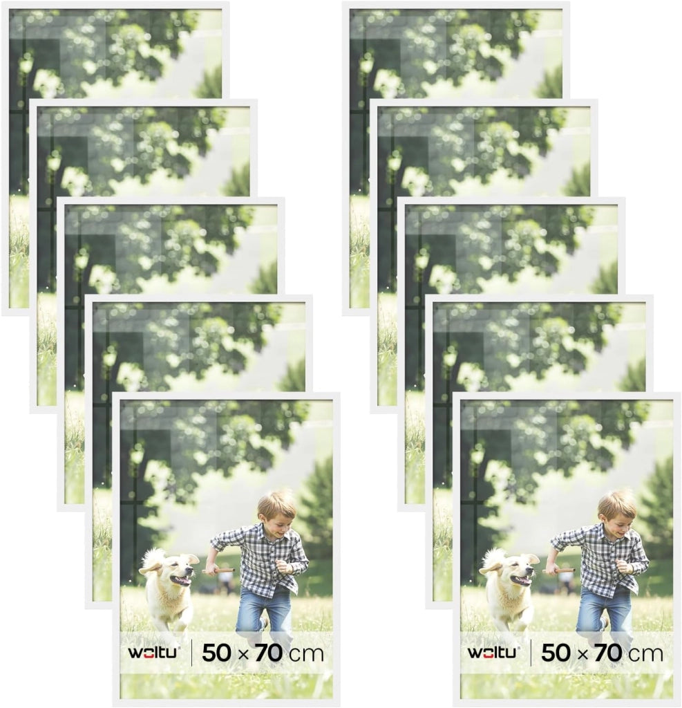Set di 10 Cornici 50x70 cm con Passepartout, Portafoto in Orizzontale o Verticale, da Parete o Tavolo, in Legno MDF, Bianco