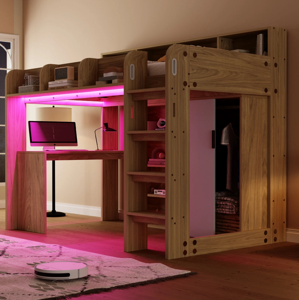 Letto a soppalco 90x200 cm con scrivania, armadio e LED