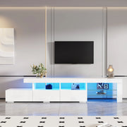 Mobile TV bianco lucido da 180 cm con LED, 3 cassetti, 7 vani e 2 ripiani in vetro