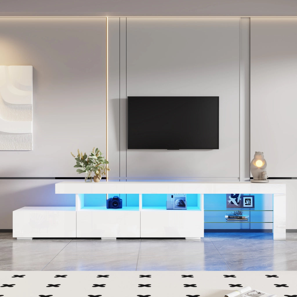 Mobile TV bianco lucido da 180 cm con LED, 3 cassetti, 7 vani e 2 ripiani in vetro