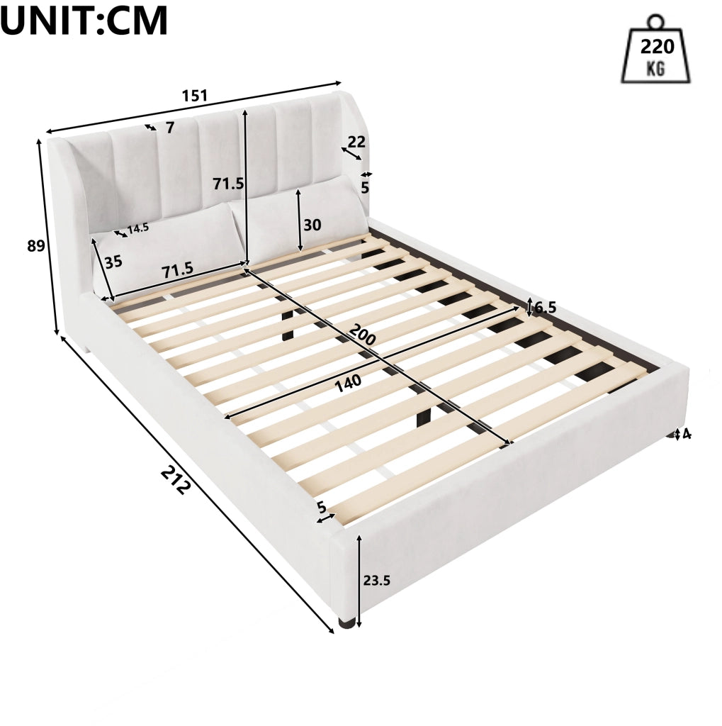 Letto imbottito 140x200 cm beige in flanella con rete a doghe e testiera