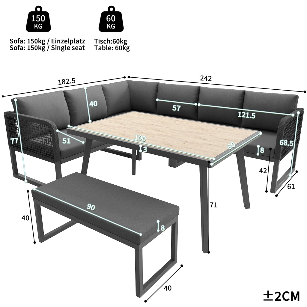 OKWISH Set da giardino da 5 pezzi con 3 divani a 2 posti, 1 panca e 1 tavolo, in rattan PE, Grigio