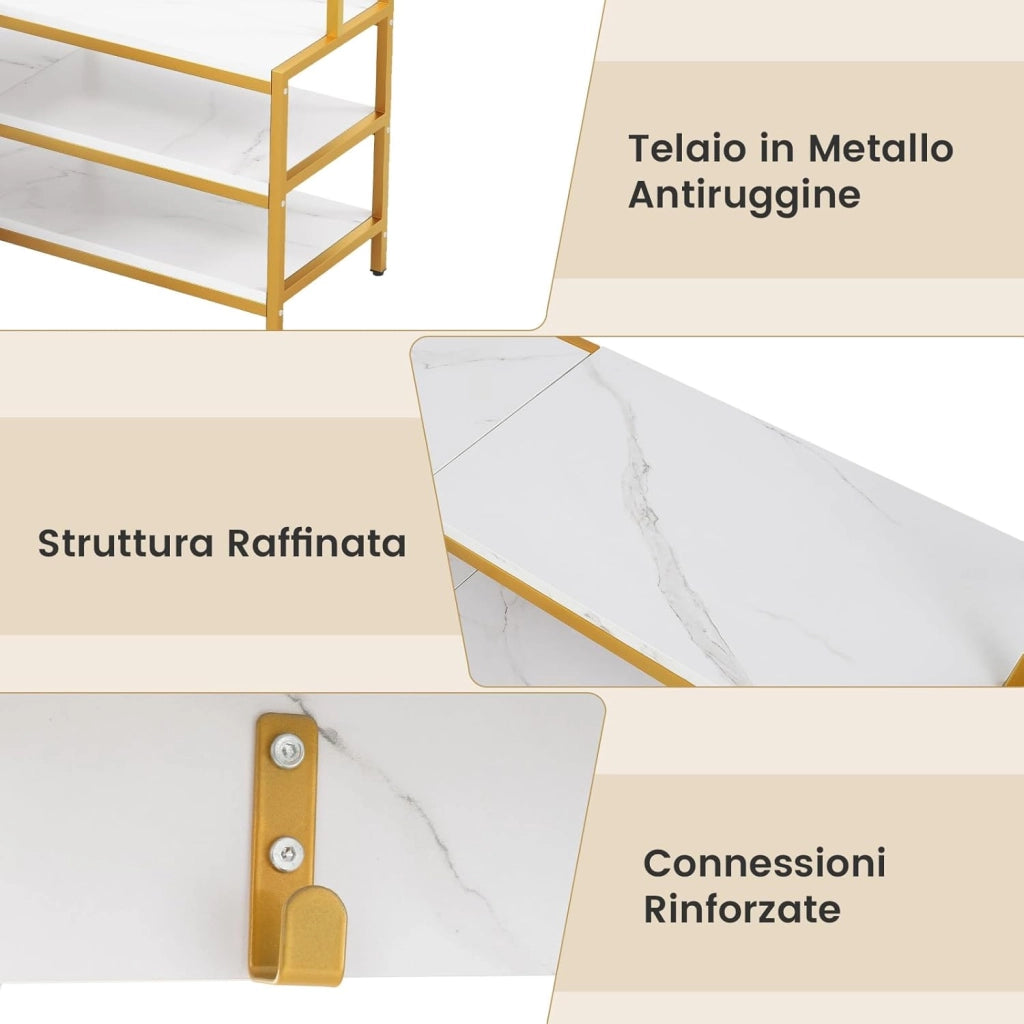 Stand Appendiabiti Angolare, Appendiabiti a Forma L con Ripiani Aperti 7 Ganci e Panca per Scarpe, Struttura in Metallo e Piedini Regolabili, 90x90x178 cm (Bianco)