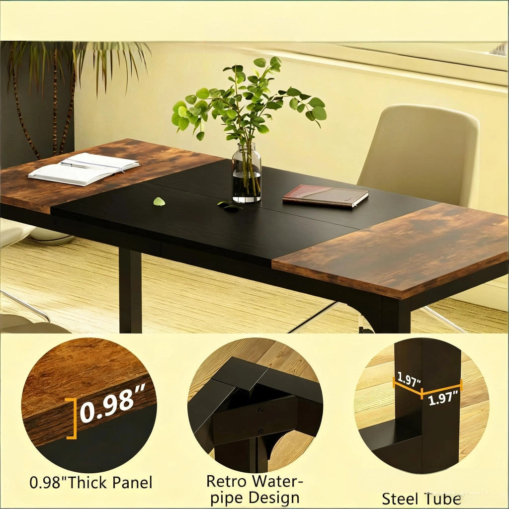 Scrivania lineare da ufficio in legno e metallo, superficie resistente all’acqua, per riunioni e home office, nero e marrone rustico