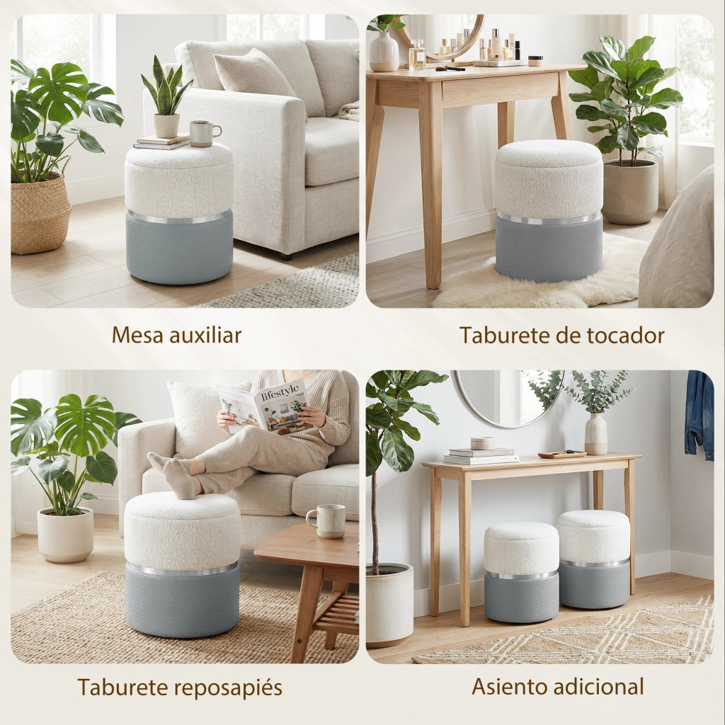 Set 2 Pouf Contenitore ¨C Xylo ¨C Rivestimento Tessuto Chenille e Similpelle Grigio e Crema