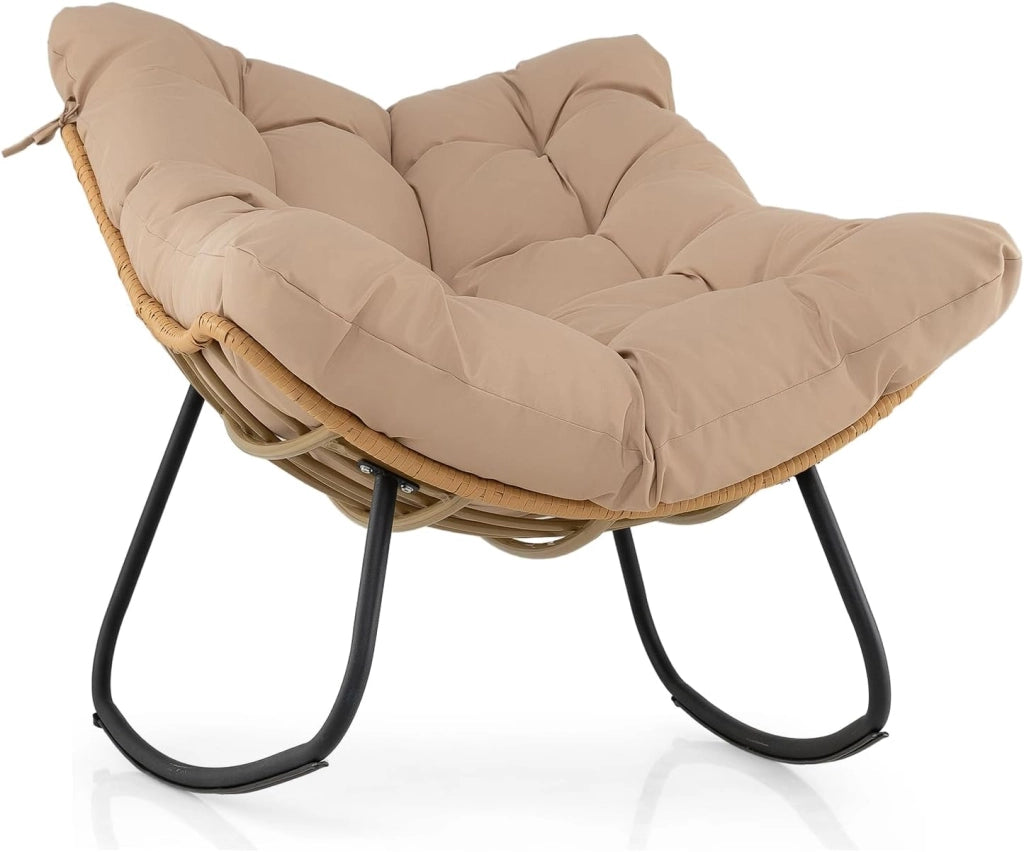 Sedia a Dondolo da Interno ed Esterno, Poltrona a Dondolo con Cuscino Rimovibile, Poltrona Relax in Rattan con Struttura in Metallo per Soggiorno, Cortile e Giardino, Portata 140 kg (Bianco)