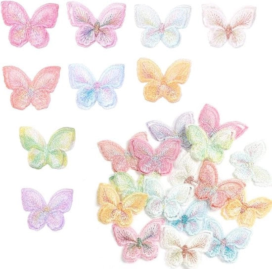 Set di 18 applicazioni di farfalle miste per decorare le estremità delle trecce e dei tappeti, con farfalle doppie di organza.