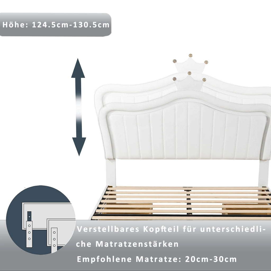 Letto per bambini imbottito 140×200 cm con 4 cassetti; LED e testiera a conchiglia; senza materasso; bianco