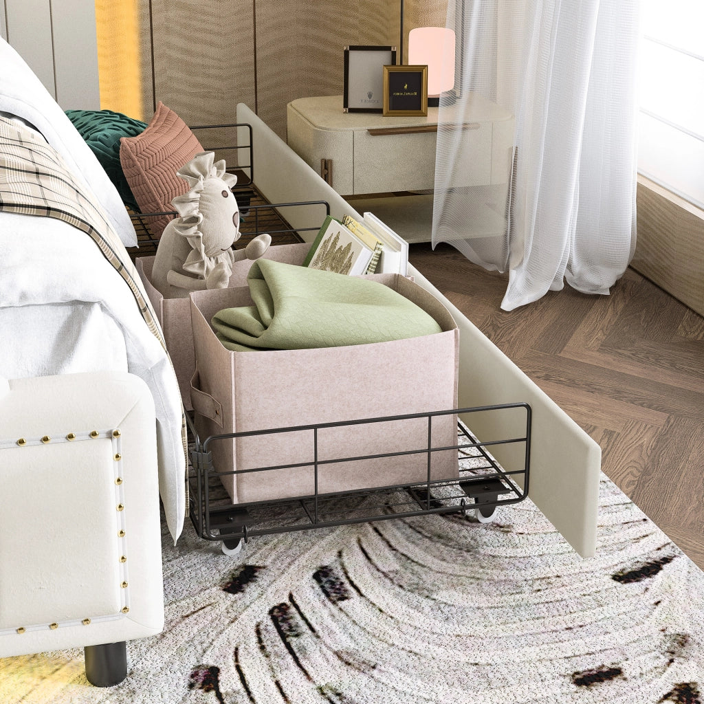 Letto matrimoniale 140 × 200 cm con 4 cassetti, LED regolabile, rivestimento in velluto, senza materasso, beige