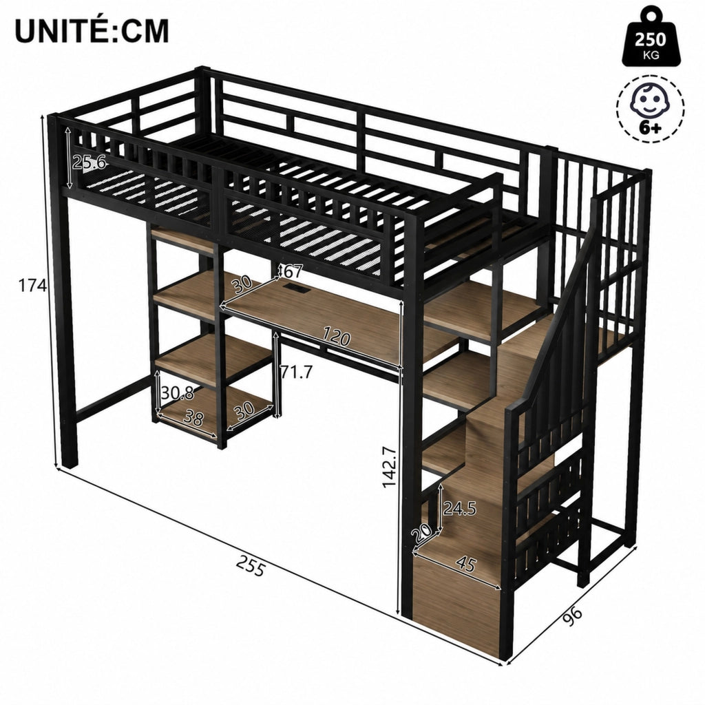 DESMIU Letto a Soppalco 1 Posto con Scrivania, Scala Contenitore, USB e LED 90 × 200 cm, Senza Materasso, Nero