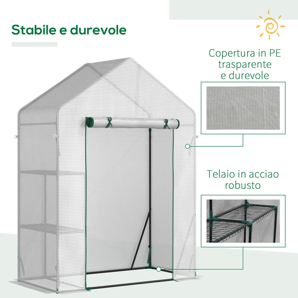 Serra da Giardino 143x73x195 cm 2 Scaffali Porta Avvolgibile Bianco
