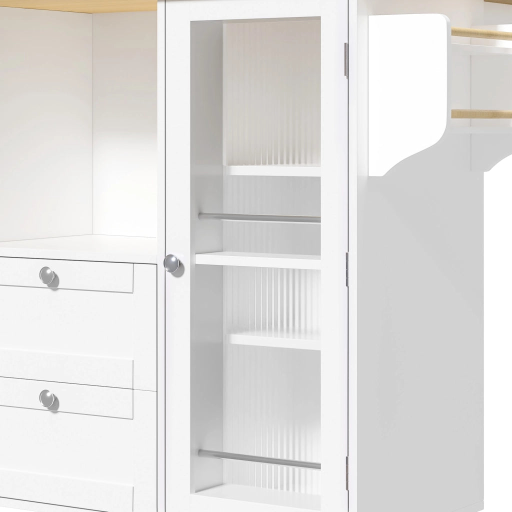 Isola da cucina, piano ribaltabile, con rotelle, armadietto, 2 cassetti, finitura effetto legno, bianco